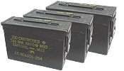Ammunition Cans / Surplus Containers We carry a large variety of ammunition cans including 30 caliber cans, 50 caliber cans and 20mm cans. We also stock oversized medical transport containers.

effective 26 January 2013, we are sold out of the 50 cal ammo cans....try us later.... 