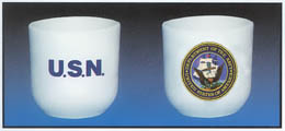 Navy Handleless Mugs These heavy duty 14oz. coffee mugs are made of vitreous china and are dish washer safe.  DO NOT MICROWAVE... 
 The mugs are imported from China as a plain mug, then the custom  designs are fired up in the kilns of our manufacturer's plant in New Hampshire



sorry- cannot ship mugs outside of the US.....

See below for details and pictures. 
   Please note, if a mug is not in stock, and we have to order it from the manufacturer, there is a 4 week delay, and a shipping surcharge TBD. If you have a critical delivery date for your mug(e.g.holiday gift) please e-mail Mystic Army Navy for availability:       sales@mysticarmynavy.com 